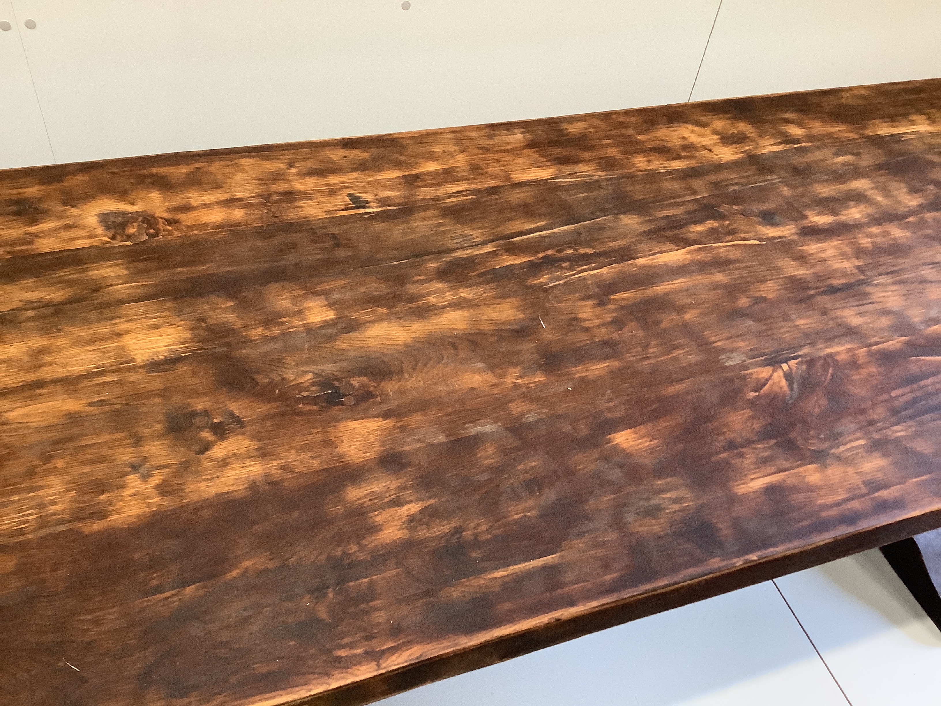 An 18th century style French rectangular oak refectory dining table, width 249cm, depth 87cm, height 77cm